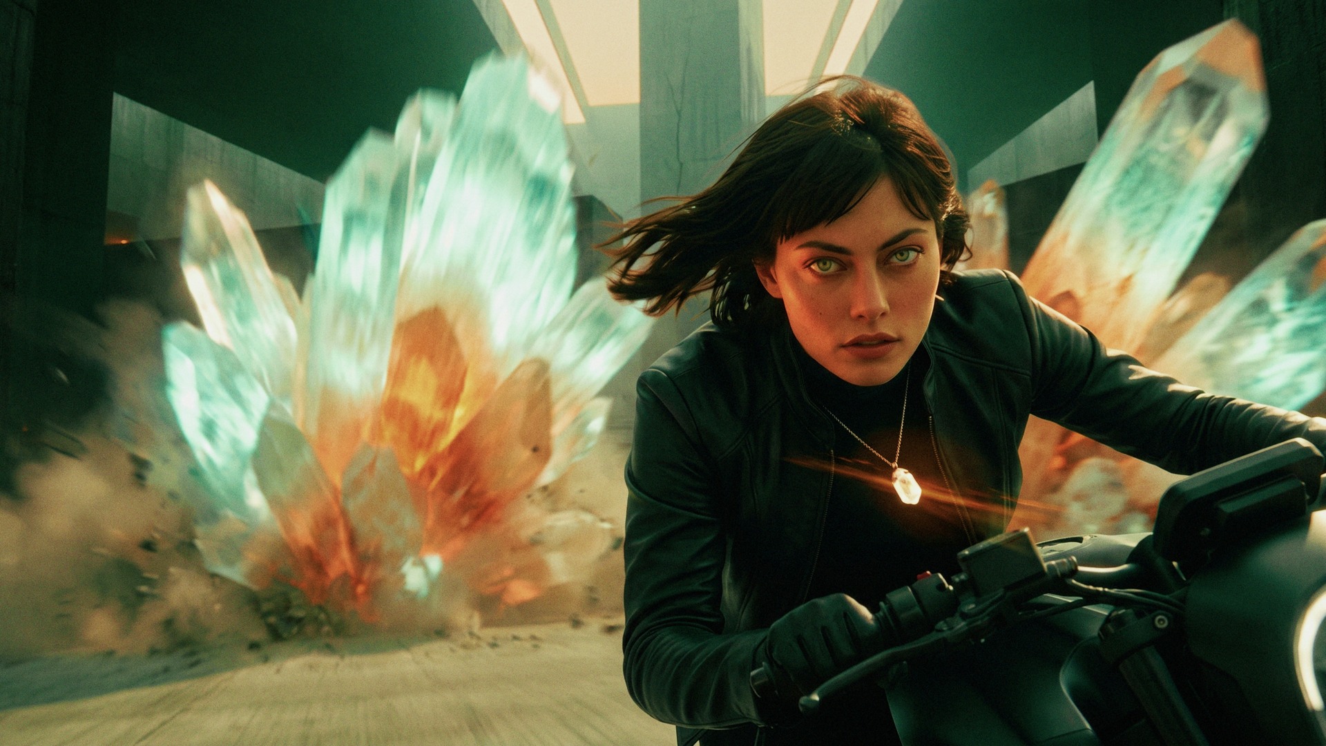 A rider on a motorcycle as pale green crystals erupt behind her in a green concrete city.