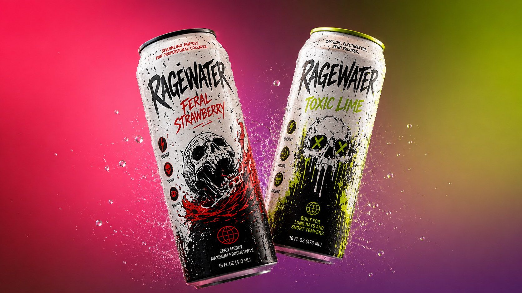 Two Ragewater cans, Feral Strawberry and Toxic Lime, on a pink and lime gradient.